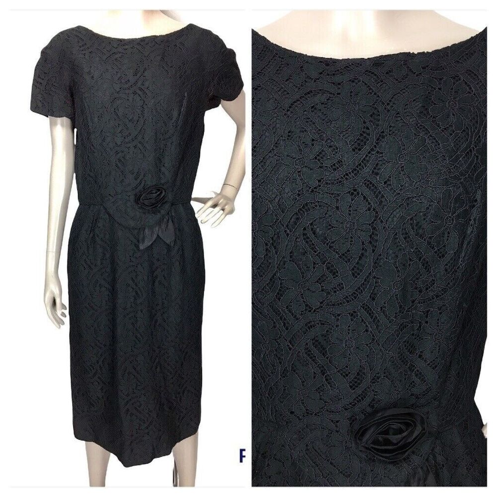 Vintage 40s 50s Lorch of Dallas Black Lace Cocktail Hostess Sheath Dress Medium